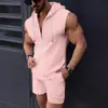 Moda Nova 2025 Conjunto com Capuz Masculino Camiseta com Zíper Colete Sem Manga Xadrez Shorts Conjunto Casual Masculino de Duas Peças