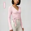 Top de Manga Larga para Yoga con Cuello en V y Lazos Adelgazante Camiseta Deportiva para Correr y Fitness para Mujer Comercio Exterior Ropa Deportiva Etiqueta Privada Disponible