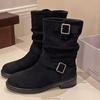 Botines Martin Cortos Apilados de Cuero Suave con Doble Hebilla para Mujer, Tendencia Otoño 2025 Botas Western Retro Arrugadas de Gamuza Planas para Mujer