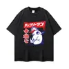 Camiseta curta de manga curta lavada preta desgastada de marca da moda estampa de personagem de anime peso pesado estilo de rua bidimensional importado