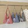 Bolsa de Lona Listrada Dupla Face Estilo Coreano Preguiçoso para Mulheres, Bolsa de Ombro Tote Grande Capacidade para o Dia a Dia, Bolsa Casual de Braço para Estudantes