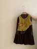 Colete Tricô Estilo Coreano para Meninas Camada Base Simples 2026 Outono Moda Infantil Versátil Bolsa Transversal Calça Comprida Conjunto de Três Peças