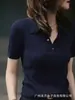 Nuevo Suéter de Punto Azul Marino con Cuello Polo de Manga Corta para Mujer, Estilo de Oficina Primavera/Verano 2026, Versátil y Favorecedor