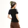 Camiseta Azul Gola V Manga Curta Estilo Americano para Mulheres, Design de Verão, Slim-Fit, Top Esportivo Curto Manga Meia