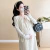 Ropa de Maternidad Primavera y Otoño Estilo Nuevo Dulce Encaje Holgado Sin Mangas Falda de Tirantes Cardigan Protector Solar Conjunto de Dos Piezas Vestido de Maternidad