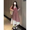 Vestido de Talla Grande para Mujer, Cuadrado Francés, Falso Dos Piezas, Patchwork a Cuadros, Estampado Floral, Verano 2025, Falda Larga Adelgazante