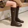 Cuero Genuino ~ Hebilla de Cinturón Jiao Yu Botas de Caballero Estilo Británico Retro Botas Largas Marrón Adelgazantes Tacón Grueso Botas Largas Hasta la Rodilla
