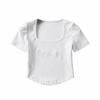 Moda Europeia e Americana Retrô Gola Quadrada Bordado de Letras Osso da Clavícula Exposto Manga Curta Camiseta Cor Sólida Justa Cintura Alta Cropped