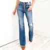 Jeans Rotos Transfronterizos Europeos y Americanos para Mujer de Cintura Alta Elásticos Retro Ajustados de Campana Jeans para Mujer