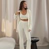 Pijama de Waffle Tejido Cálido para Primavera y Verano con Mangas Largas de Cordones, Pantalones Largos Holgados y Conjunto de Ropa Interior de Tres Piezas, Ropa de Casa Cómoda para Mujer
