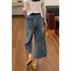 Jeans Casual Azul Vintage Petite de Perna Larga para Mulheres 2026 Novo Design Slim-Fit Calça Reta Cropped