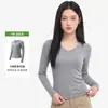 Camiseta Branca Feminina de Ombro Reto, Outono Tecido Spandex 230g, Top Estilo Garota Doce e Cool Picante, Decote V, Corte Justo, Cintura Marcada, Emagrecimento, Manga Longa