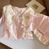 Pijama Rosa de Rilakkuma para Mujer con Cuello de Muñeca, Conjunto de Dos Piezas de Cardigan y Shorts de Manga Corta de Verano, Ropa de Casa para Niña