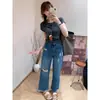 Jeans Azules Rectos Rasgados para Mujer, Nuevo Estilo Verano 2026, Tallas Grandes de Cintura Alta Elásticos Adelgazantes Cropped de Pierna Ancha