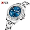 Reloj de Cuarzo Ofns Popular Redondo Verde Fantasma del Agua Negocios con Calendario Correa de Acero Anillo de Diamante Luminoso Resistente al Agua Reloj para Mujer