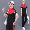 Traje deportivo de manga corta con cuello alto para mujer 2026 estilo nuevo de verano, talla grande, holgado y adelgazante, conjunto de dos piezas con pantalones largos