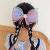 Grampo de cabelo trançado infantil com laço, corrente de contas coloridas, fita longa, acessório de cabeça feminino, estilo coreano, grampo de cabelo de malha para trás