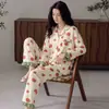 Pijama Super Macio 100% Algodão para Mulheres 2026 Primavera/Outono Novo Estilo Cardigã Gola Lapela Manga Longa Tamanho Grande Roupa de Casa Conjunto Cartoon