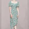 Transfronterizo 2025 Estilo coreano Nuevo cuello cuadrado con cordones Retro Floral Nicho Sentido Dobladillo inclinado Ajustado Adelgazante vestido