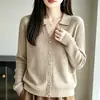 Cardigã de Tricô Simples com Gola Reversível para Mulheres, Casaco Suéter Botonê de Manga Longa, Versátil e Estiloso, Blusa Básica Jovem, Novo Top