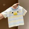 Camiseta Listrada de Patinho Fofo Verão Meninos Algodão Puro Desenho Animado Manga Curta Infantil Meia Manga Bebê Meninas Tops Roupa Infantil