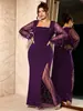 Estilo europeo y americano, transfronterizo, escote cuadrado, tela de malla, con lentejuelas, con flecos, de manga larga, con abertura alta, vestido estilo sirena, adecuado para banquetes, fiestas y como vestido formal para anfitrionas