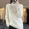 Camiseta de punto de lana con hoja de arce, cuello alto, cuello alto, para mujer, con diamantes de imitación y versátil suéter de terciopelo Andy de punto para mujer