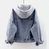 Chaqueta Corta de Mezclilla Estilo Coreano Holgada para Mujer con Mangas Largas, Capucha, Bolsillos Grandes, Top Versátil para Primavera y Otoño