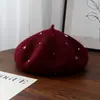 Boina de Lana Cosida a Mano con Decoración de Piedras para Mujer, Sombrero de Artista Casual Versátil para Invierno, Elegante y Cálido Sombrero de Calabaza