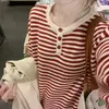 Suéter tejido casual de rayas azules con color de contraste, nuevo top pullover holgado para mujer de primavera y otoño, moderno