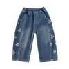 Jeans de Sarja Cartoon para Meninas Outono Calças Casuais Estilosas para Bebês 2026 Novo Estilo Calças de Perna Larga Estilo Coreano para Crianças Primavera e Outono