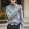 Cárdigan de Punto de Mezcla de Lana Transfronterizo Nuevo Estilo Otoño e Invierno 2026 Estilo Suave Cuello Alto de un Solo Botón Color Sólido Top para Mujer Ya Disponible