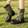 Botas de media caña para mujer con punta redonda, tacón grueso y diseño de retazos, con hebillas metálicas, estilo de bota de trabajo y una estética británica retro, perfectas para otoño e invierno y versátiles para cualquier atuendo.