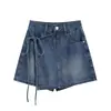 Falda-pantalón vaquera de encaje de cintura alta con cordones, estilo dos piezas falso, para mujer, verano, lavada y desgastada, irregular, línea A, corta, empaque unisex