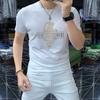 Camiseta de manga corta con cuello redondo para hombre, diseño de dragón con diamantes de imitación, de algodón mercerizado, cómoda, transpirable, de corte entallado y media manga.