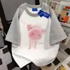 Camiseta de Manga Corta Estilo Japonés Dulce Nicho 100% Algodón Puro para Hombres y Mujeres, Verano Holgada Parche de Estrella para Parejas Top de Cuello Redondo