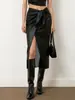 Moda Feminina Elegante Europeia e Americana Transfronteiriça Saia com Fenda Brilhante de Couro PU com Laço na Cintura