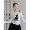Camiseta blanca de manga larga con hombros descubiertos, diseño de otoño para mujer, con cintura fruncida y top interior.