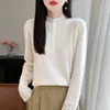 Suéter de Punto de Lana Pura con Cuello Medio y Media Apertura para Mujer, Mangas Largas y Puños de Ganchillo Calados, Nuevo Otoño/Invierno 2026