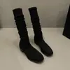 Botas Calcetín Elásticas para Mujer 2025 Primavera y Otoño Nuevas Versátiles Botas Largas hasta la Rodilla Tacón Grueso Punta Cuadrada Pequeña Botas Ajustadas Botas Altas