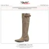 Versión de Piel de Vaca ~ Botas de Caballero con Tacón Grueso Retro Botas Vaqueras para Mujer Hebilla de Cinturón Punta Puntiaguda Botas Altas Botas