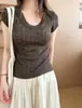 Ropa para Mujer de Punto Hueco Manga Corta Cuello en U Estilo Coreano 2026 Nuevo Estilo de Verano Adelgazante Favorecedor Versátil Top de Alta Gama