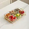 Prato de frutas de vidro de luxo leve, prato criativo dividido para lanches na sala de estar da casa, prato de lanches de frutas secas, prato de sobremesa, prato de frutas e doces