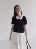 Camiseta feminina de manga curta com gola Peter Pan estilo francês, top cardigã de malha curta dopamine chic de seda gelada para o verão