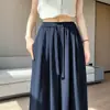 Pantalones anchos de algodón-lino Tencel azul marino para mujer, delgados de verano, cintura elástica, caídos, estilo Yamamoto, pantalones casuales rectos versátiles
