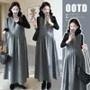 Moda Gestante 2025 Outono e Inverno Nova Moda Vestido Sem Mangas com Recortes e Barra Larga + Camisa Básica Elegante Conjunto Tendência