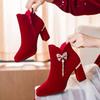 Nuevos Zapatos de Boda 2025 para Mujer, Zapatos de Boda Nupciales de Tacón Grueso, Botas, Vestido de Boda Traje Rojo Xiuhe, Botines de Tacón Medio y Alto de Dos Usos