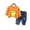 Conjunto de Moletom Infantil Menino Desenho Animado Dinossauro Primavera e Outono Bebê Casual Gola Redonda Manga Longa Blusa Calça Conjunto de Duas Peças