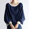 2026 Comércio Exterior Transfronteiriço Estilo Japonês Outono Nova Cor Color Block Solta Emagrecedora Manga Morcego Gola Redonda Moda Camiseta para Mulheres