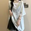 Camiseta de Manga Corta Arrugada de Seda de Hielo con Mariposa y Pedrería para Mujer Tallas Grandes, Nuevo Estilo Verano 2025, Corte Holgado, Adelgazante, Top de Moda para Mujeres Tallas Grandes